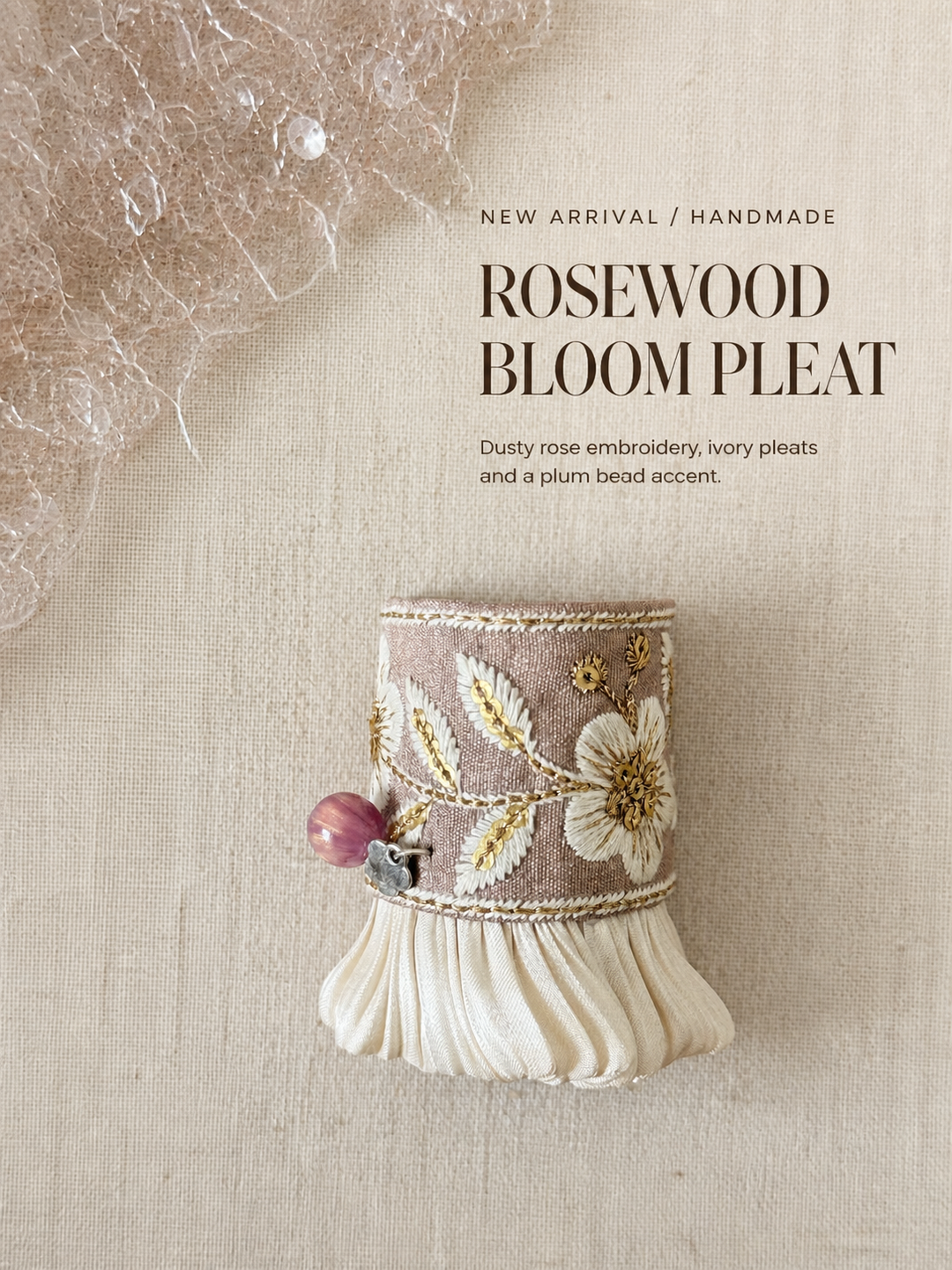 Rosewood Bloom Pleat handmade hair cuff editorial introduction