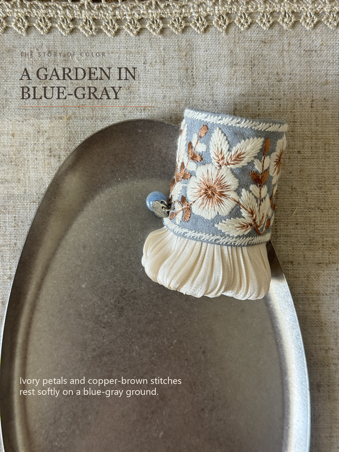 Bluebell Garden Pleat color story in blue-gray, ivory and warm copper-brown