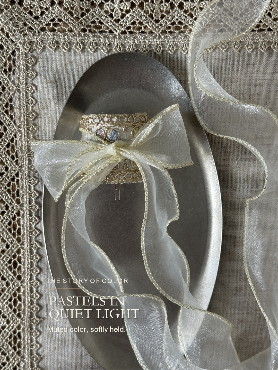 Ivory Ribbon Reverie color story in warm ivory, pale gold and soft pastel tones