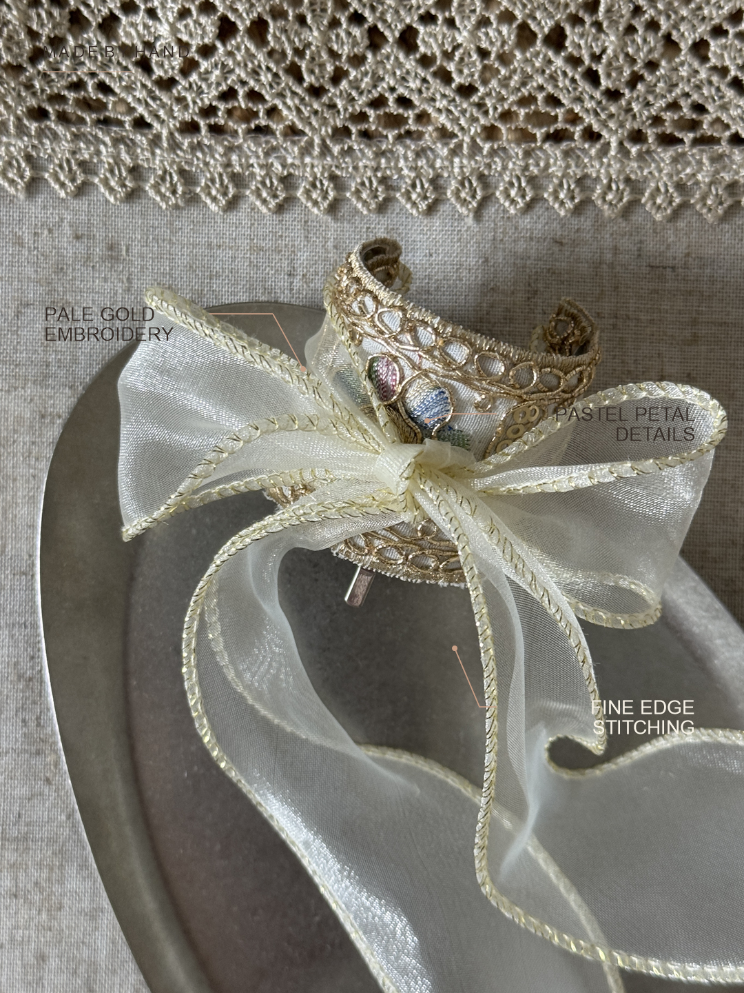 Craft detail guide to Ivory Ribbon Reverie embroidery, pastel petals, stitching and sheer ribbon