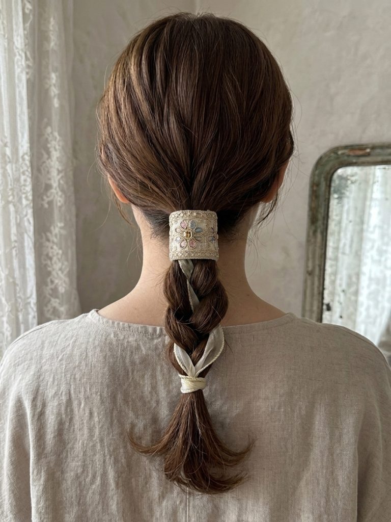 Ivory Ribbon Reverie embroidered hair cuff worn on a low braid with a sheer ivory ribbon detail