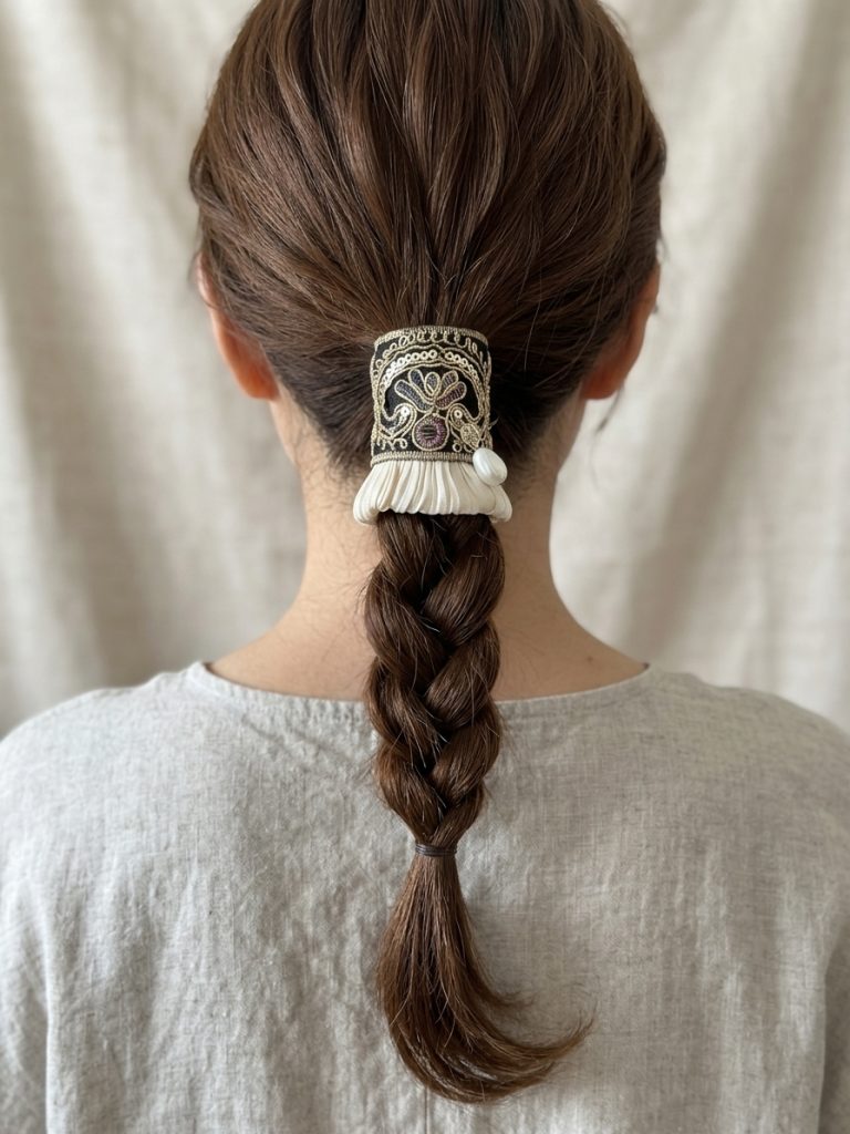 Midnight Gold Pleat black and gold embroidered hair cuff worn over a braided ponytail