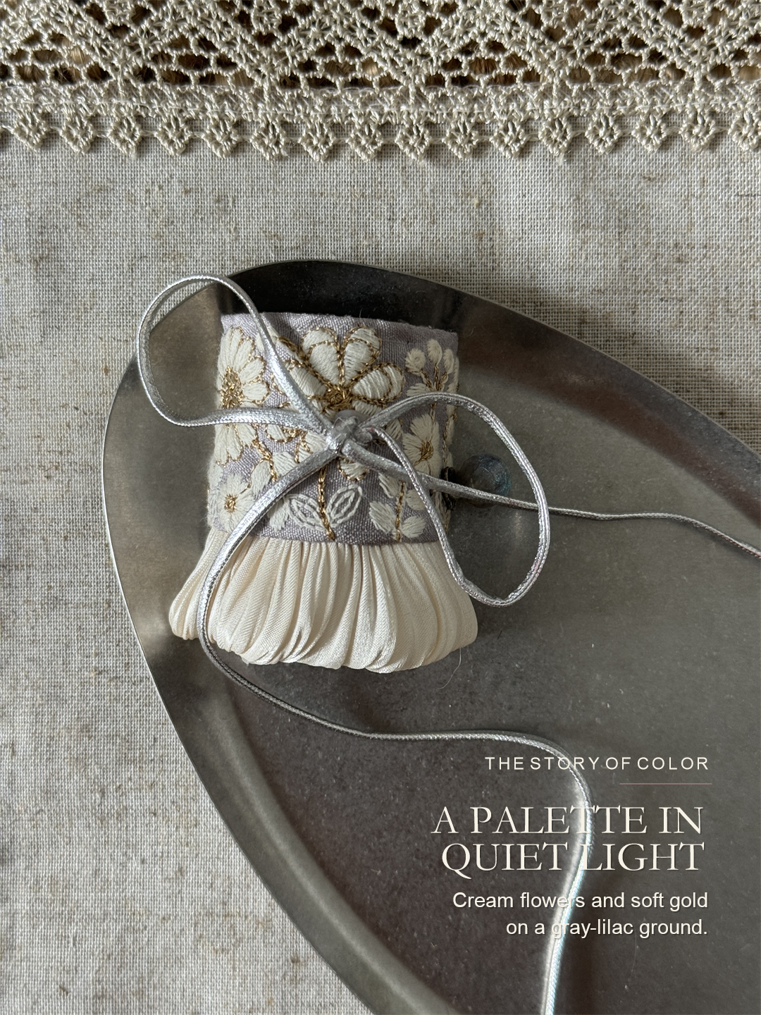 Silver Meadow Tie color story in soft gray, cream, ivory and muted gold