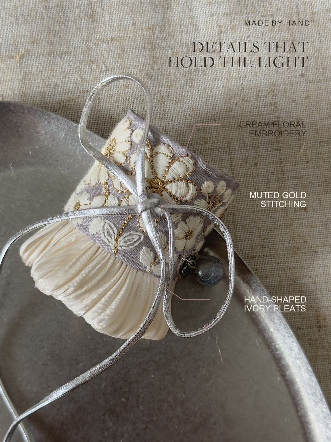 Craft detail guide to Silver Meadow Tie embroidery, gold thread, pleats, cord and bead