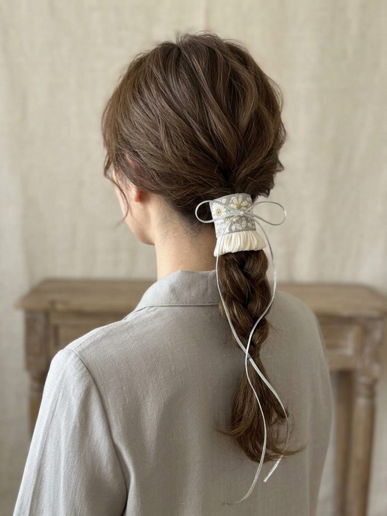 Silver Meadow Tie embroidered hair cuff worn on a low braided ponytail with a long silver-gray cord