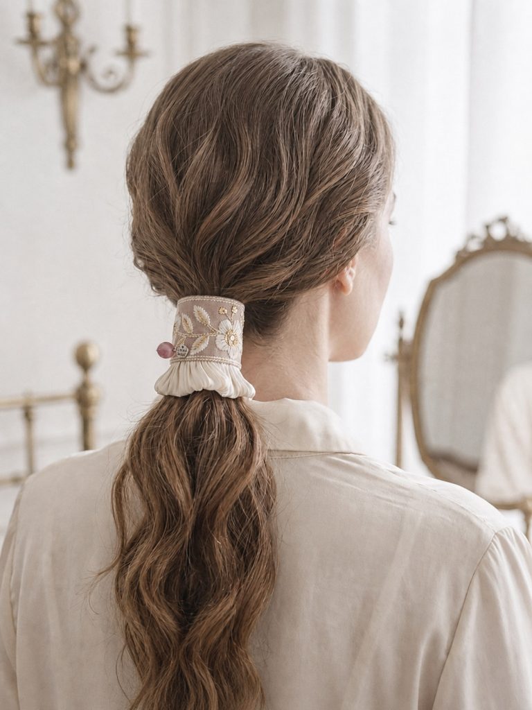 Rosewood Bloom Pleat worn on a low ponytail
